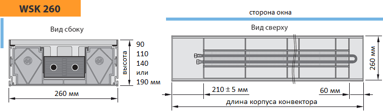 Конвектор Mohlenhoff WSK 260. Ширина 260 мм,  2-х трубный теплообменник.